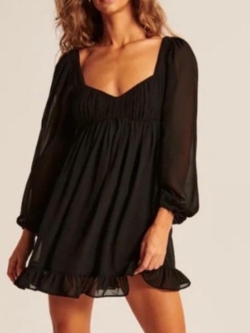 Abercrombie & fitch long sleeve ruched babydoll chiffon black mini dress sz MT